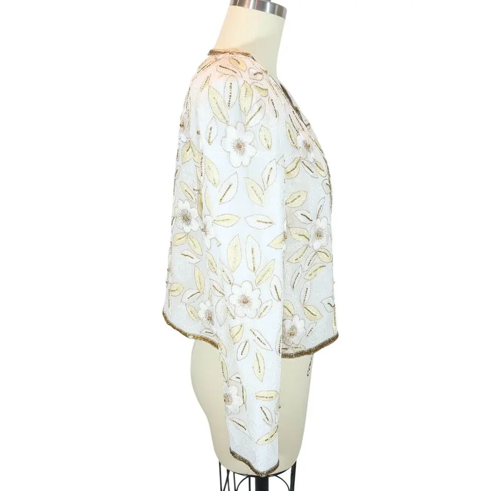 LAURENCE KAZAR Vintage Beaded Cropped Formal Jacket Size Lp NWT NOS Cream Gold - Picture 2 of 8